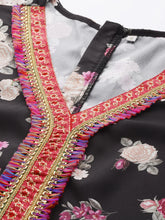 Black Floral Printed Jumpsuit With Lace Inserts-AHJSCRDP-53